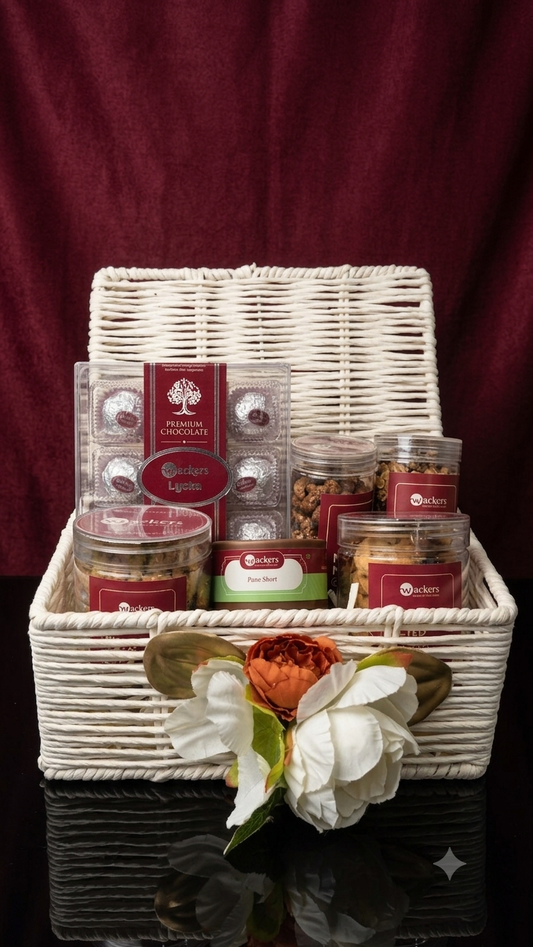 Elegant White Woven Basket Trunk with Open Lid & Floral Accent