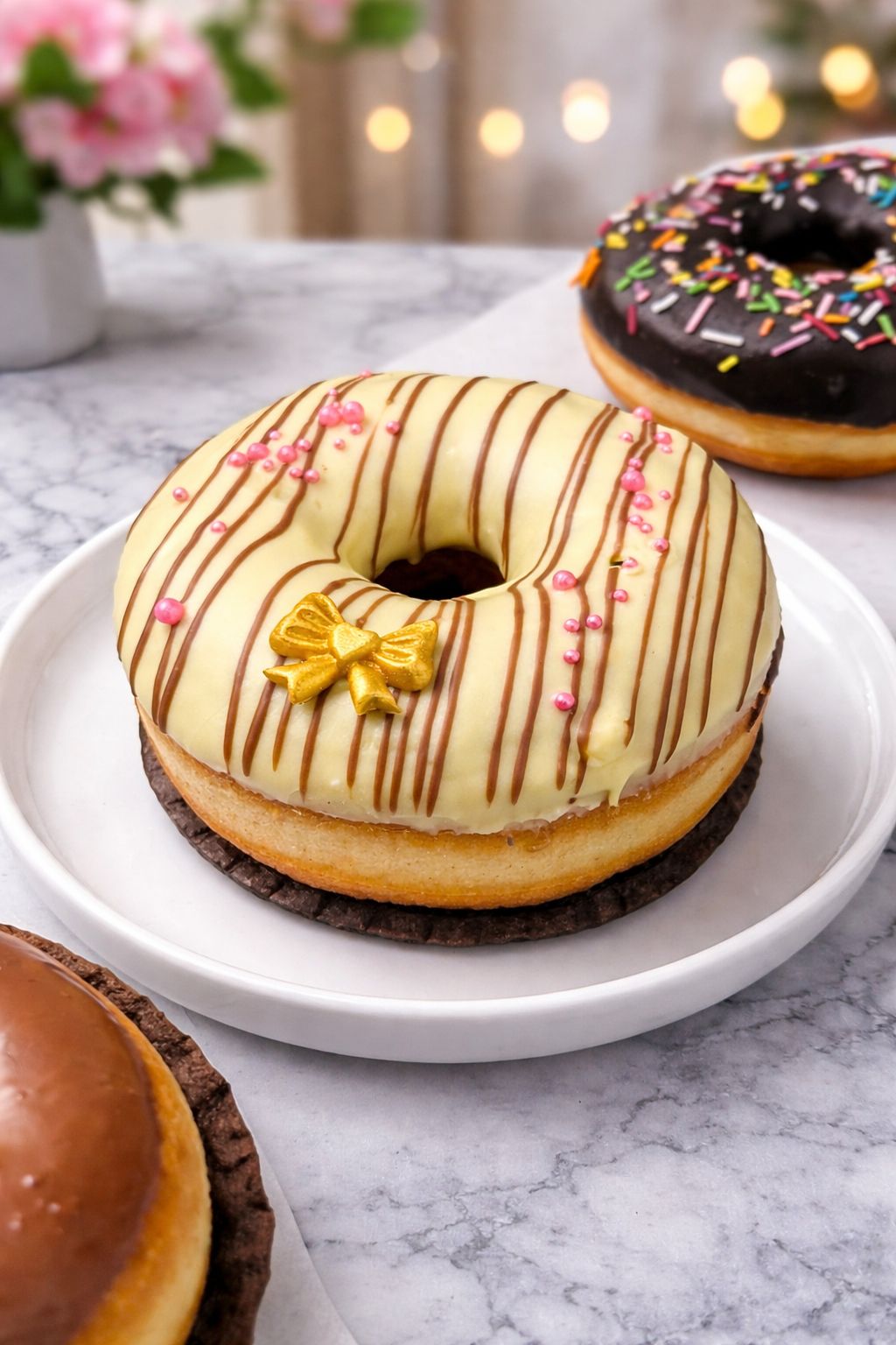 Decorative donut with a gold bow on a white plate, surrounded by other donuts.