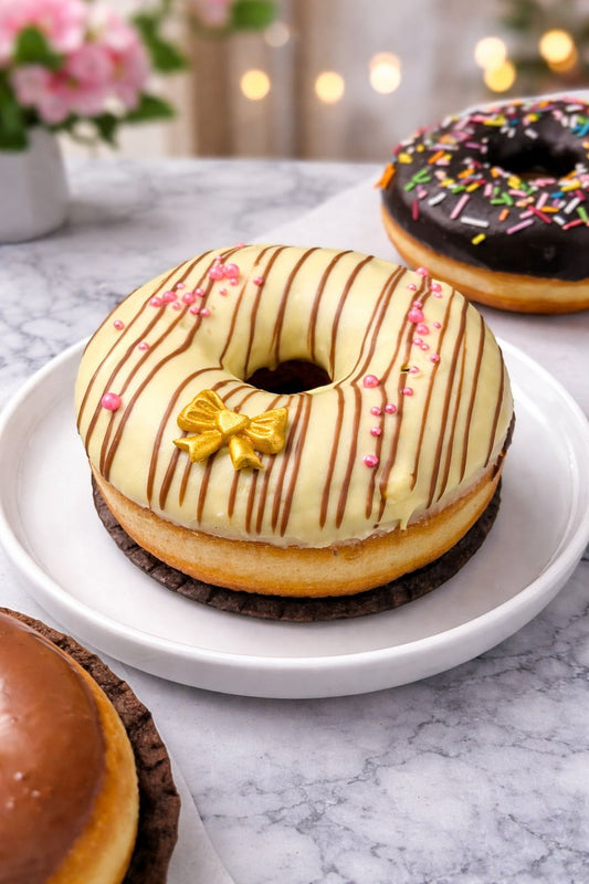 Decorative donut with a gold bow on a white plate, surrounded by other donuts.