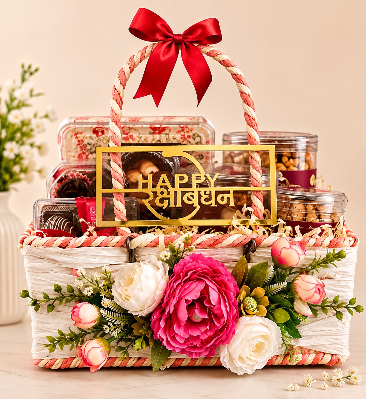 Royal Pink Floral Rakhi Basket