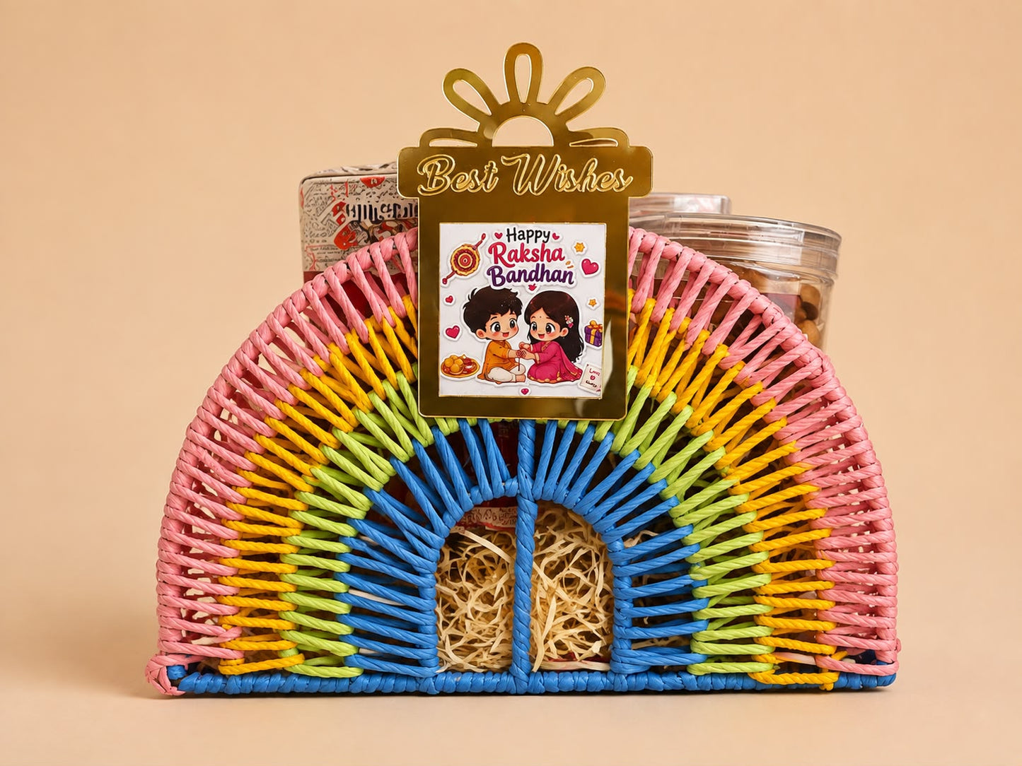 Vibrant Rainbow Woven Arch Rakhi Gift Basket