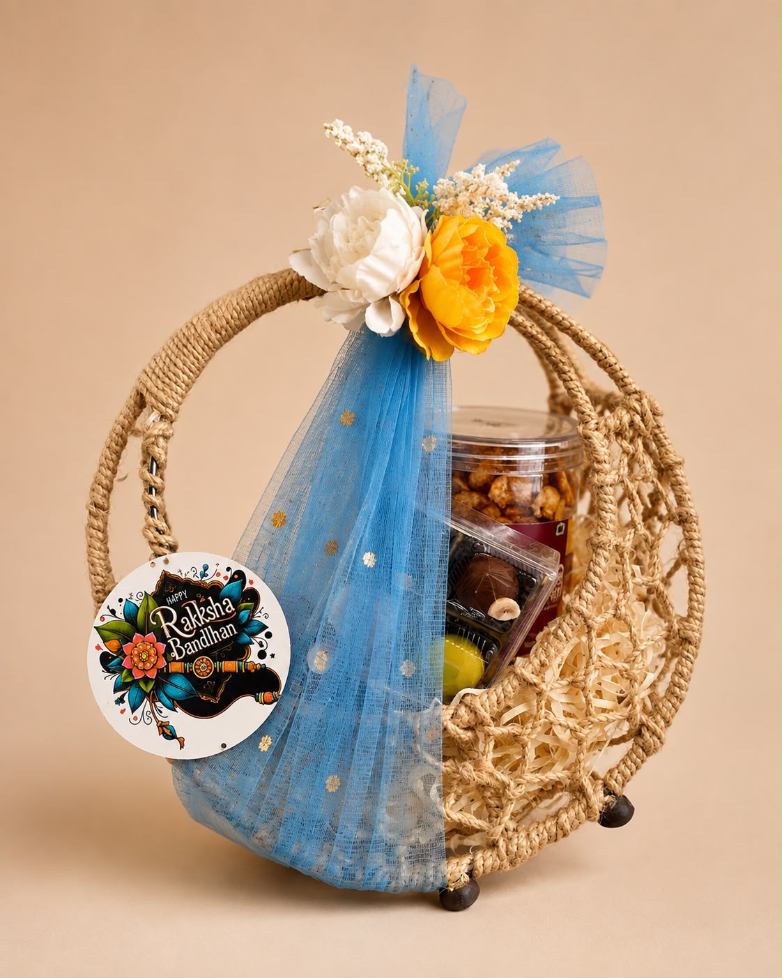 Round Jute & Rope Frame Rakhi Hamper Basket