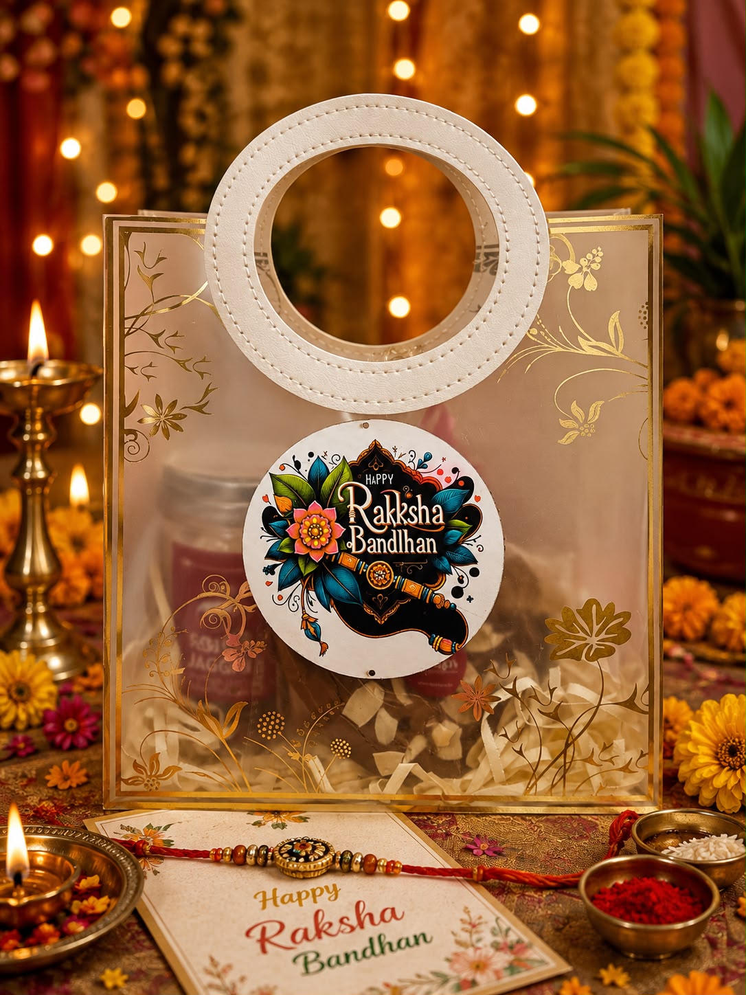 Elegant Golden Floral Rakhi Gift Bag